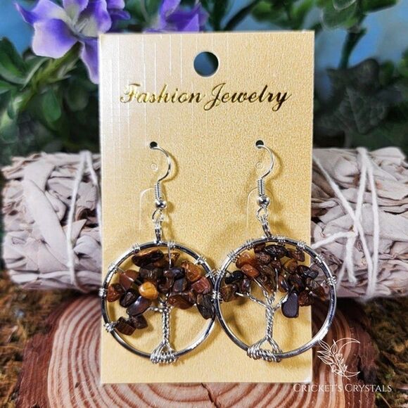 Tiger's Eye Tree of Life Earrings #2 - Picture 1 of 2